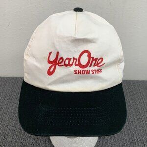 Vtg Year One Show Staff Snapback Hat Adjustable Off White Black Sportsman Cap